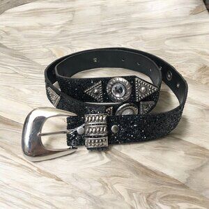 SOLD Vintage 80s Black Glitter Gemstone Embellished Statement Belt Size Small